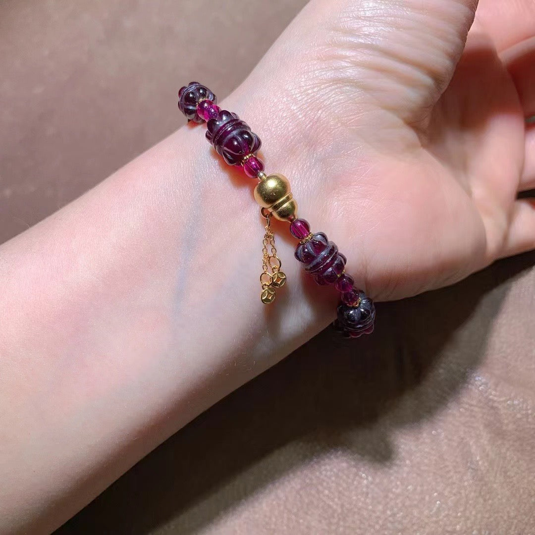 Natural Rhodolite Garnet Beaded Bracelet with Vintage Silver Accents - 8x11mm Gemstone Jewelry for Confidence, Beauty & Energy