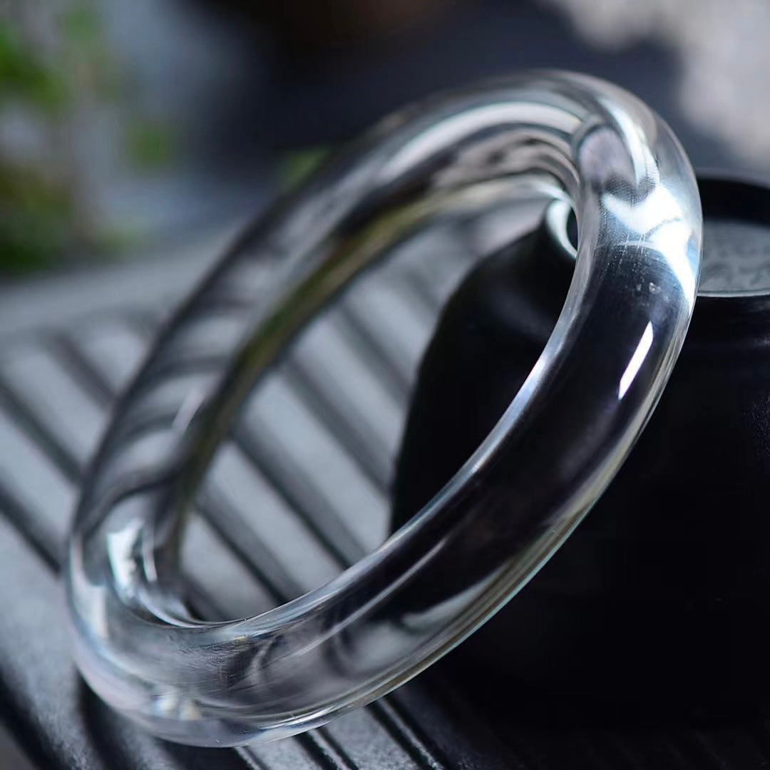 Natural White Crystal Wide Tire Bangle | Ice-Clear Phantom Flower