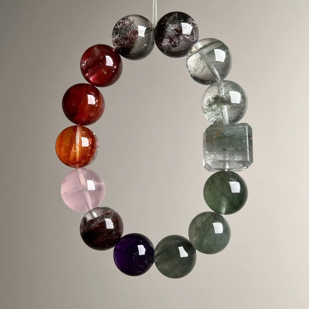 Natural Crystal Beaded Bracelet Set - Multi-Gemstone Feng Shui Jewelry for Wealth, Career & Love (15mm)