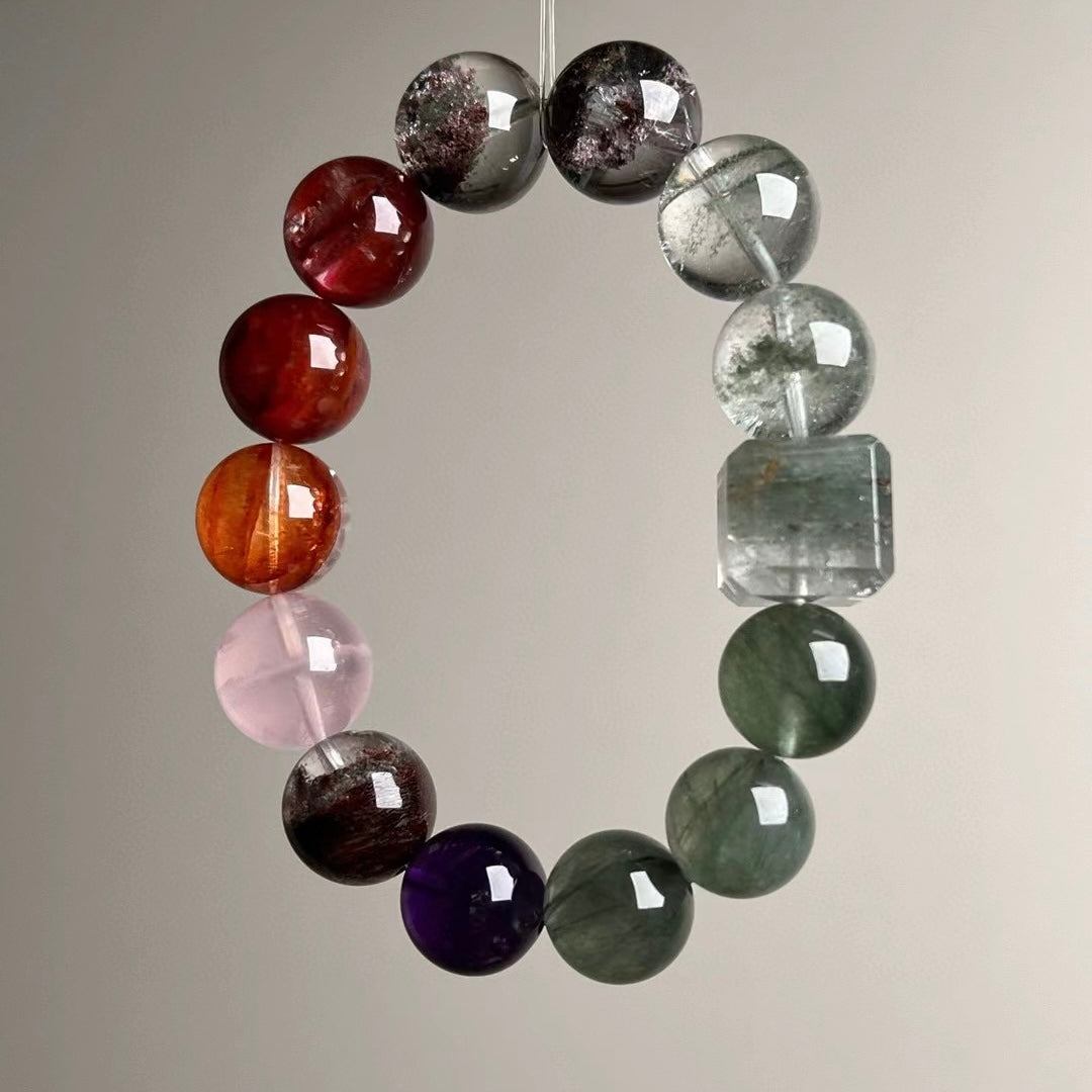 Natural Crystal Beaded Bracelet Set - Multi-Gemstone Feng Shui Jewelry for Wealth, Career & Love (15mm)