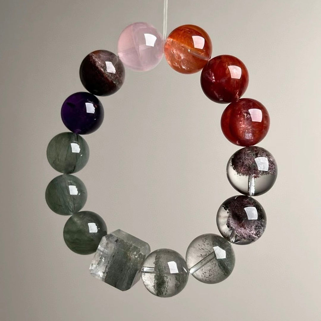 Natural Crystal Beaded Bracelet Set - Multi-Gemstone Feng Shui Jewelry for Wealth, Career & Love (15mm)