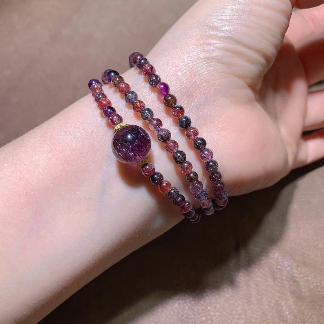 Natural Super Seven (Melody Stone) Beaded Bracelet with 18K Gold Accents - 5mm Gemstone Jewelry for Luck, Protection & Vitality