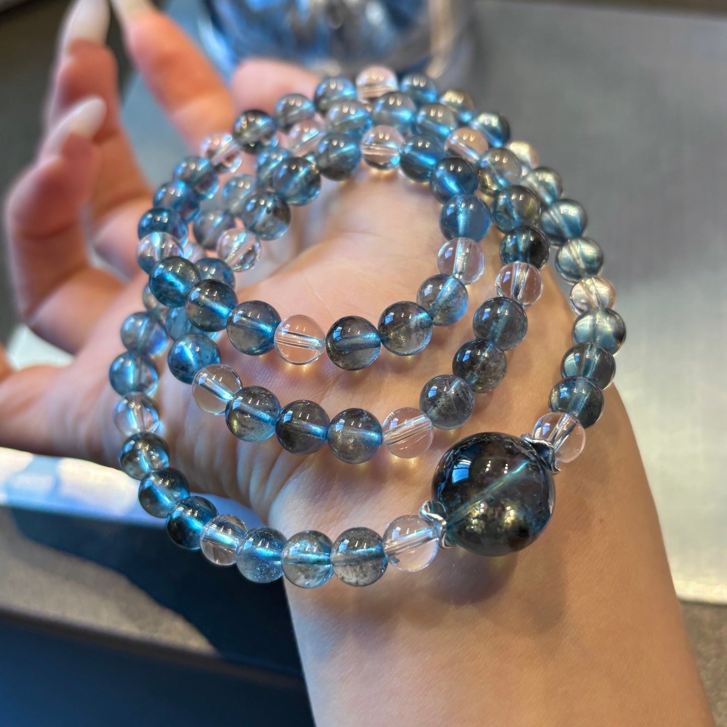AAA Aquamarine Jet-Black Glitter Bracelet - Top-Grade Iridescent Reiki Metaphysical Healing Crystal Jewelry