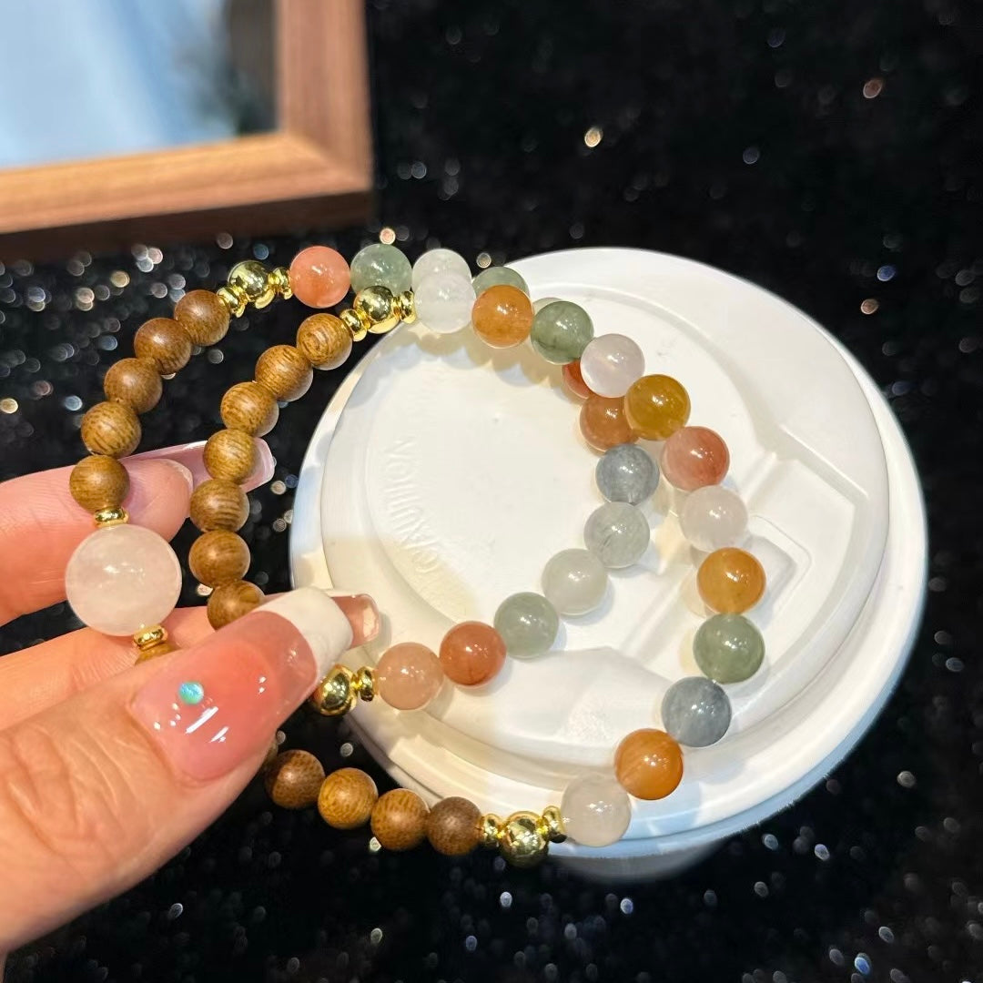 Deep SEO Optimization: "Floating Light Chases Snow · Sandalwood Zen" ❄️ Designer's Vintage Sandalwood & Colorful Rutilated Quartz Bracelet