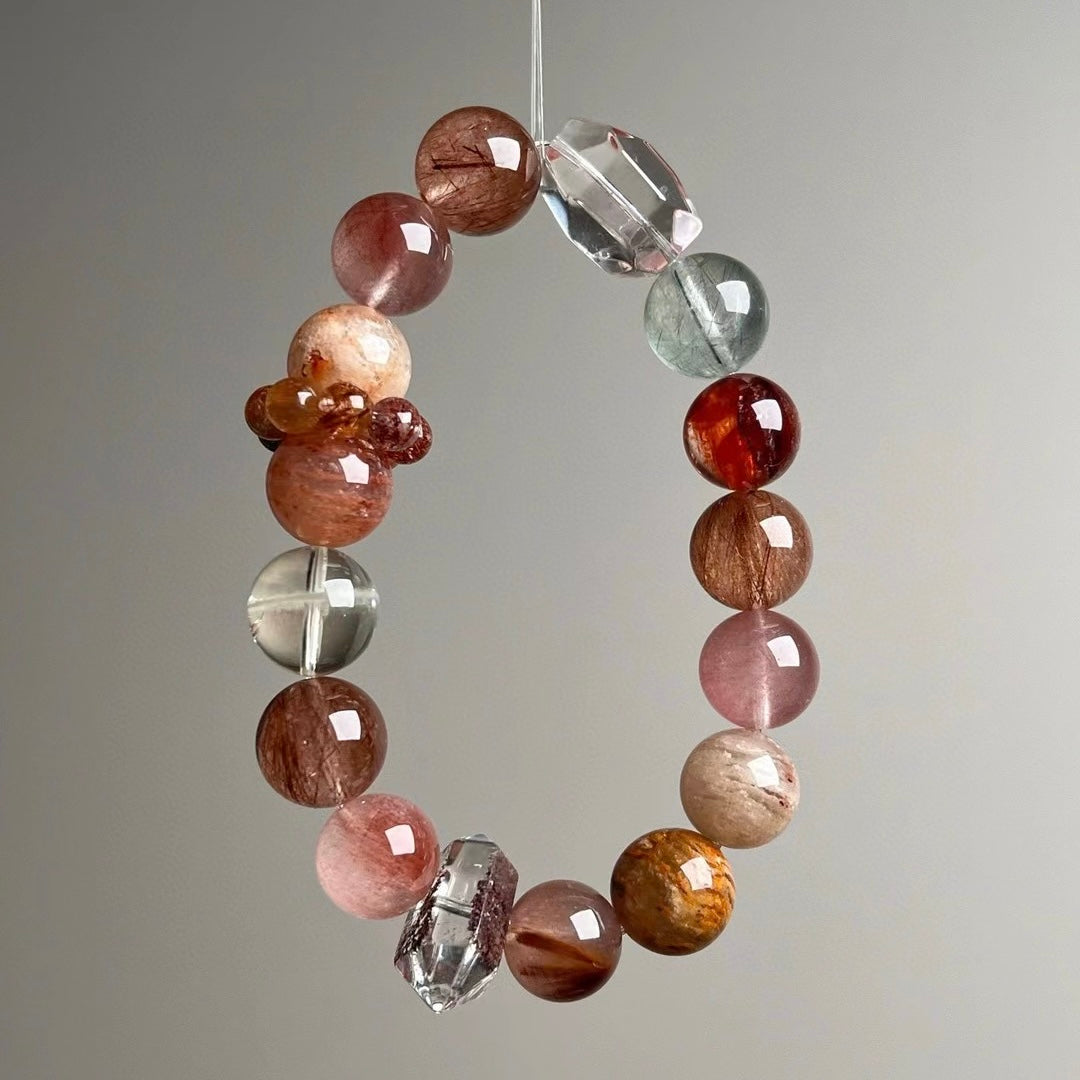 Natural Green Rutilated Quartz, Colorful Rabbit Hair Crystal, Red Auralite, Thousand-Layer Phantom Quartz, Colorful Rutilated Quartz, Yellow Phantom Quartz, Colorful Rutilated Quartz Spinning Ring, Multi-Gemstone Bracelet, Size: Approx. 12-13mm