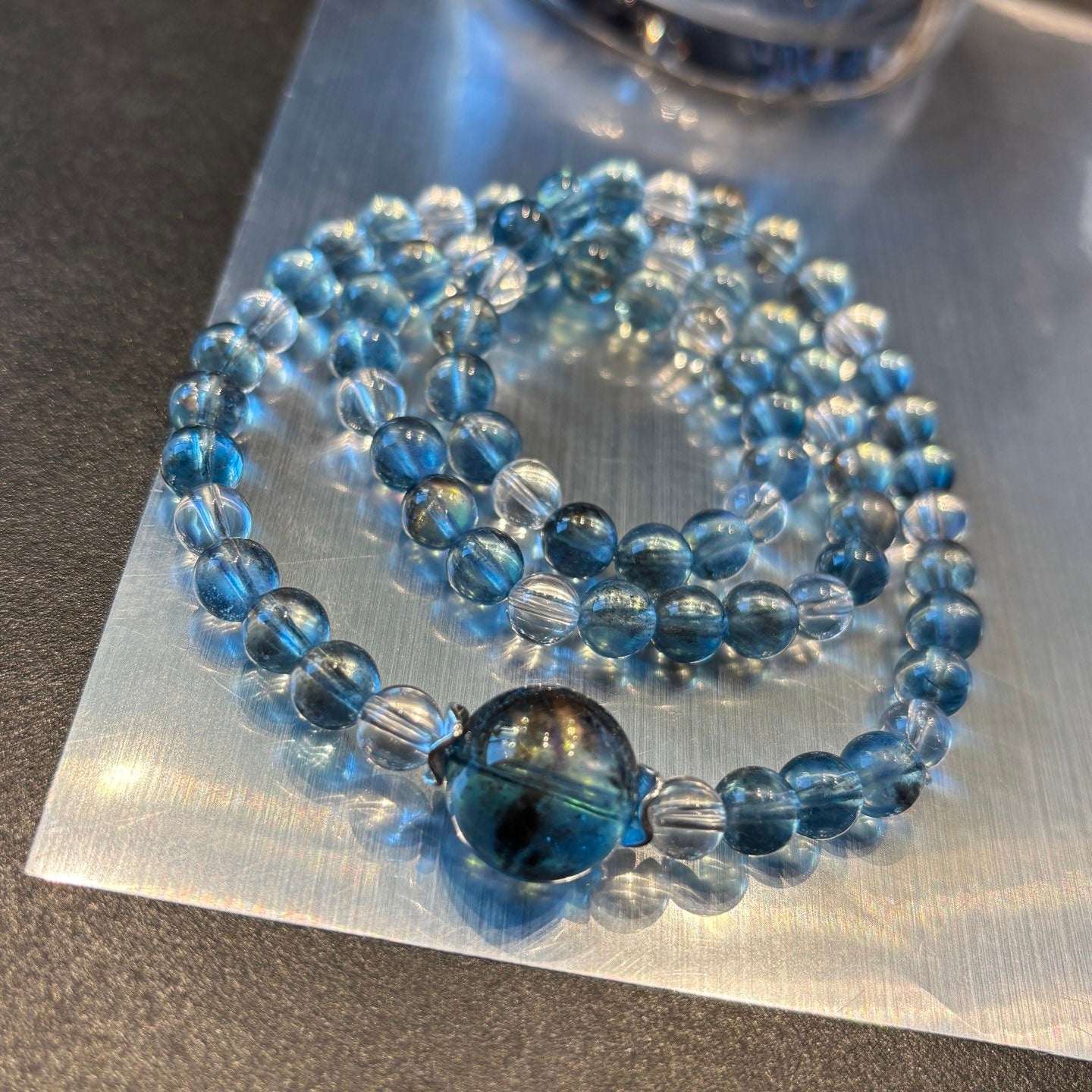 AAA Aquamarine Jet-Black Glitter Bracelet - Top-Grade Iridescent Reiki Metaphysical Healing Crystal Jewelry