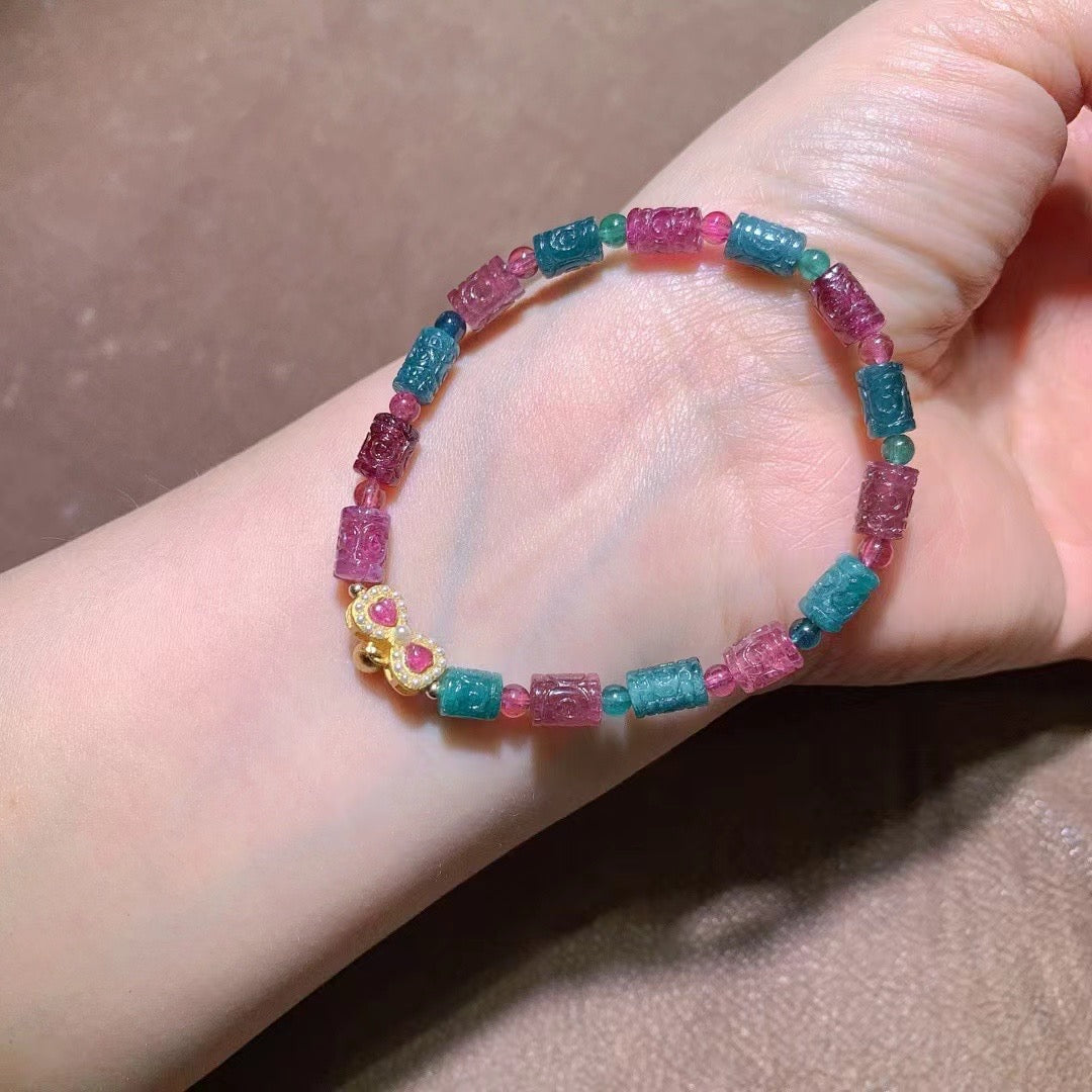 Natural Candy Tourmaline Beaded Bracelet with Vintage Silver Accents - 6x8mm Multi-Color Gemstone Jewelry for Luck, Protection & Joy