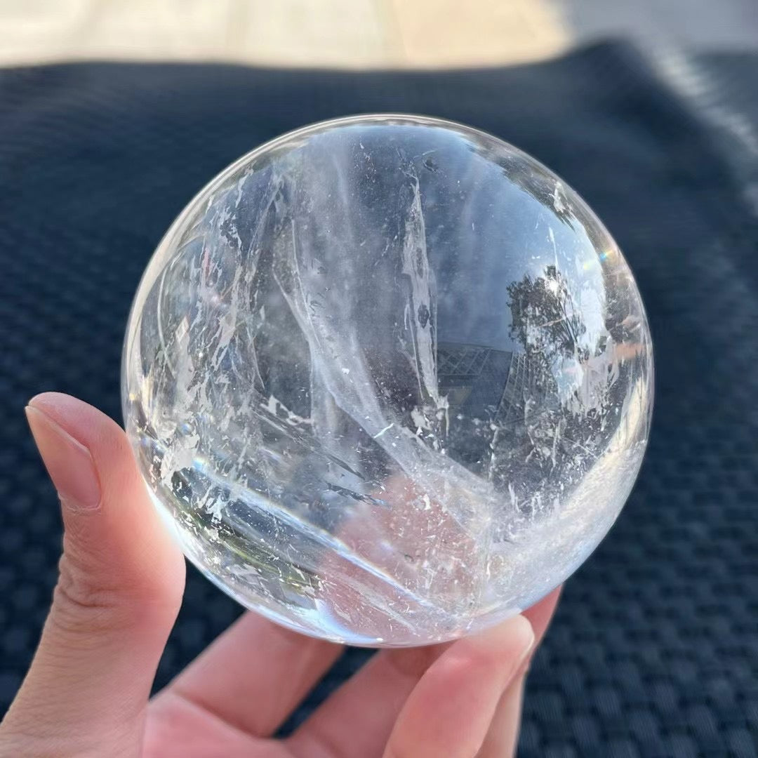 Natural White Crystal Sphere Feng Shui Decor - 7.4cm (7cm) Reiki Metaphysical Healing Crystal Ball with Stand