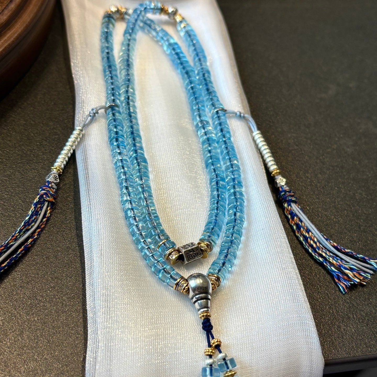 Malas - AAA Grade Natural Aquamarine Flat Round Beads Reiki Spiritual Healing Buddhist Prayer Beads