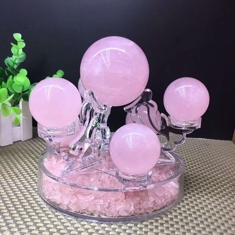 Natural Rose Quartz Sphere Seven-Star Array | Central Sphere 6.5cm, Surrounding Spheres 3.5cm, 15cm Base - Premium Love Energy Crystal Decor