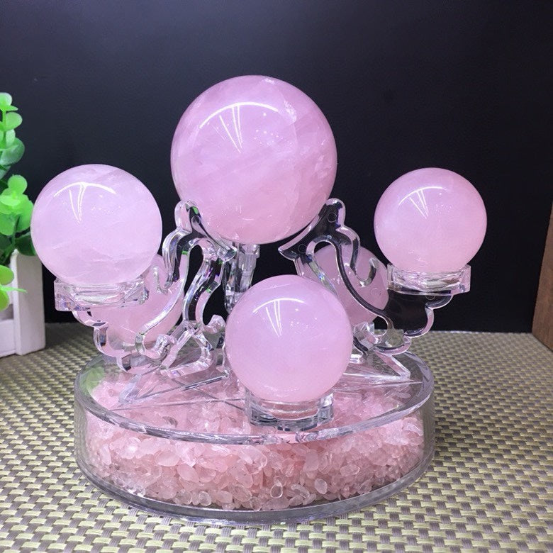 Natural Rose Quartz Sphere Seven-Star Array | Central Sphere 6.5cm, Surrounding Spheres 3.5cm, 15cm Base - Premium Love Energy Crystal Decor