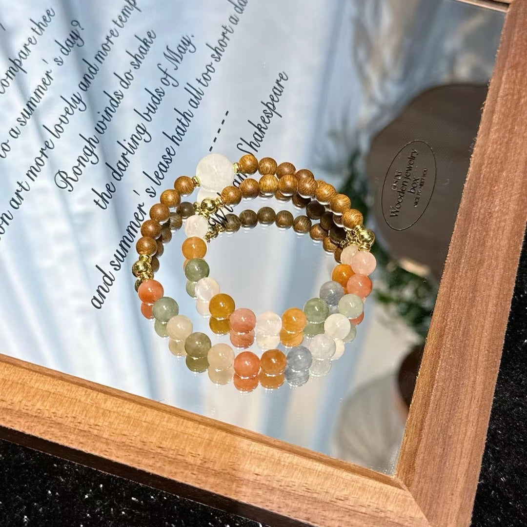 Deep SEO Optimization: "Floating Light Chases Snow · Sandalwood Zen" ❄️ Designer's Vintage Sandalwood & Colorful Rutilated Quartz Bracelet