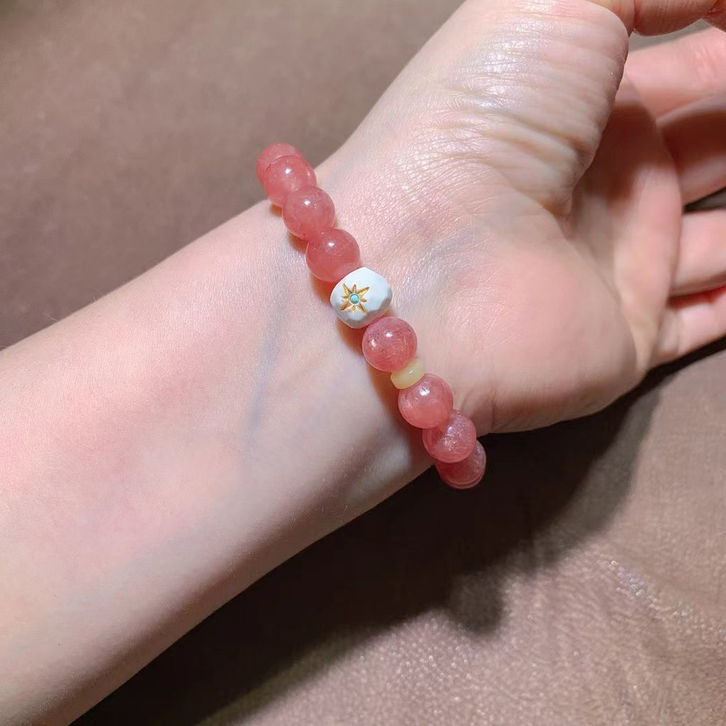 Natural Rhodochrosite Beaded Bracelet with 18K Gold Accents - 9.2mm Gemstone Jewelry for Love, Confidence & Emotional Healing