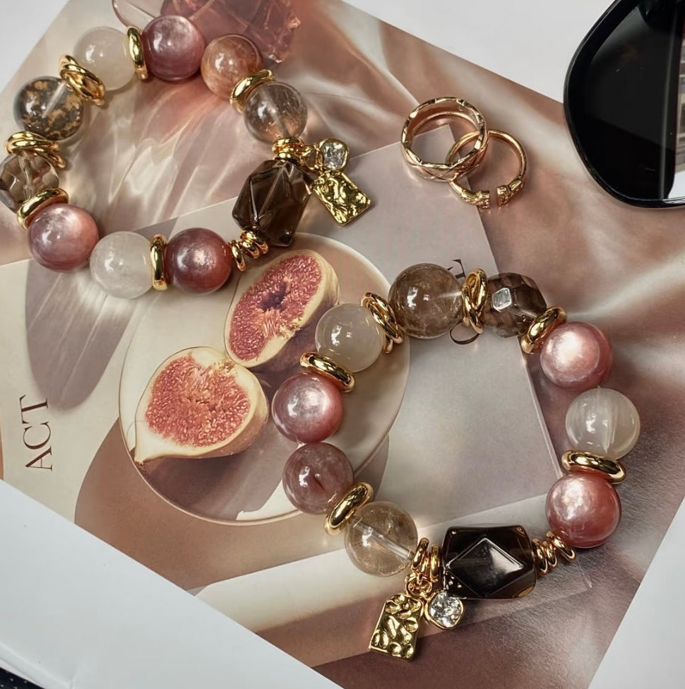 Twilight Realm · Twilight Narrative Series | Pink Lepidolite & Rabbit Hair Quartz Bracelet | Retro Brown 15mm