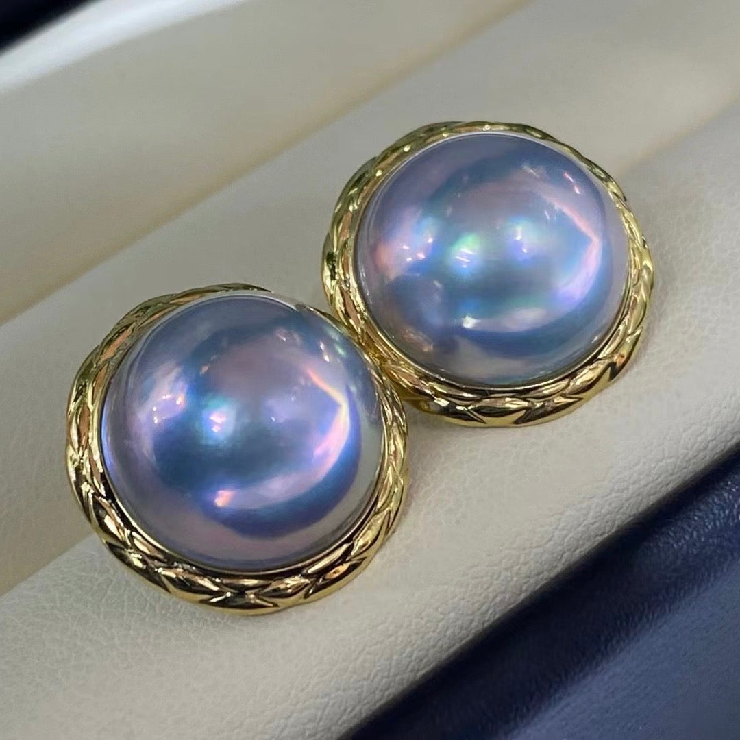 Starry Sky Blue Mabe Pearl Drop Earrings | 18K Gold Checkerboard Setting