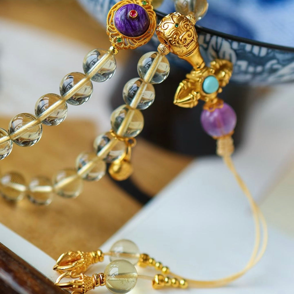 Citrine 108 Beads Mala 8mm - Sterling Silver Gold-Plated Sodalite Meditation Jewelry