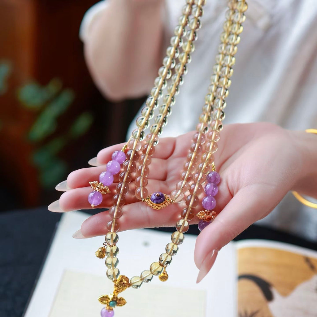 Citrine 108 Beads Mala 8mm - Sterling Silver Gold-Plated Sodalite Meditation Jewelry