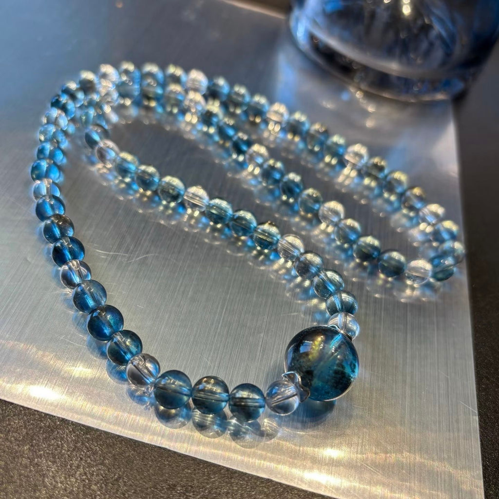 AAA Aquamarine Jet-Black Glitter Bracelet - Top-Grade Iridescent Reiki Metaphysical Healing Crystal Jewelry