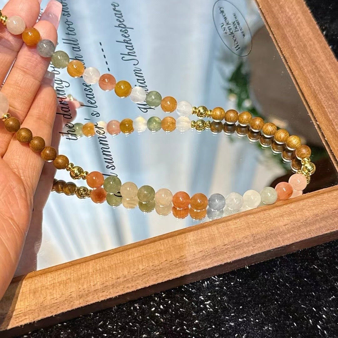 Deep SEO Optimization: "Floating Light Chases Snow · Sandalwood Zen" ❄️ Designer's Vintage Sandalwood & Colorful Rutilated Quartz Bracelet