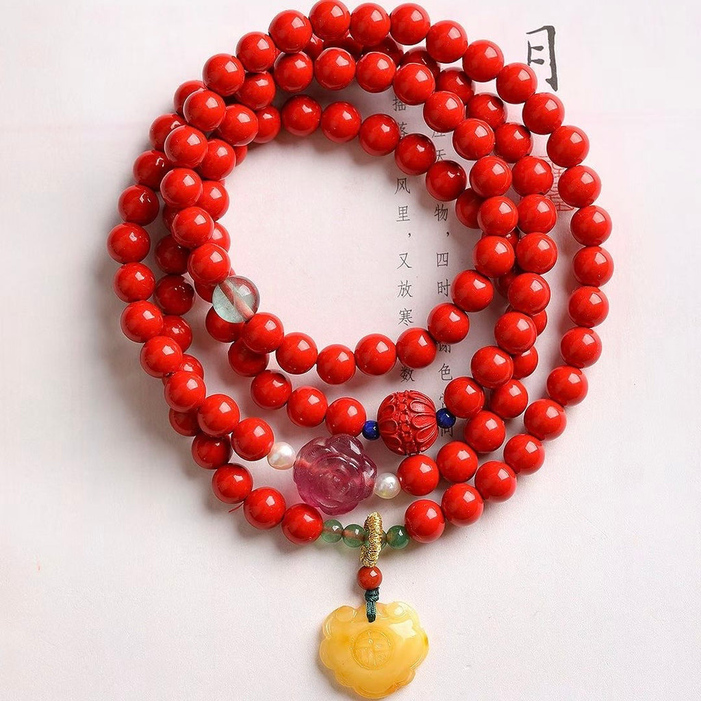 Natural Raw Ore Cinnabar Premium Red Sand「108-Bead Buddhist Rosary」- 2-in-1 Bracelet & Necklace