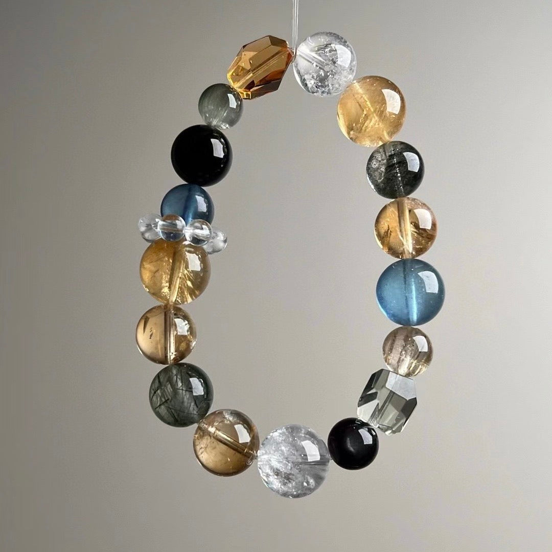 Natural Crystal Beaded Bracelet Set - Multi-Gemstone Feng Shui Jewelry for Wealth, Career & Protection (9-13mm)