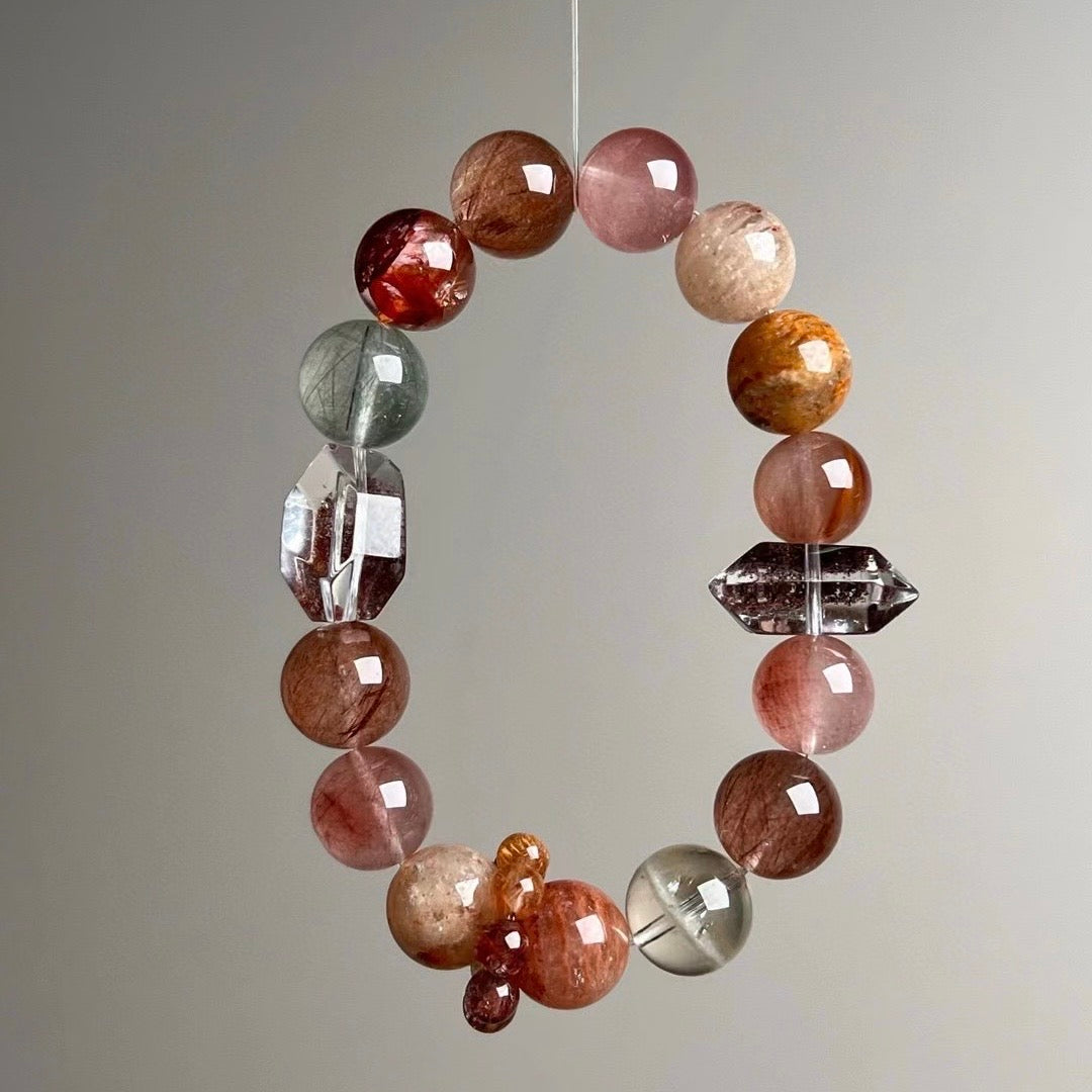 Natural Green Rutilated Quartz, Colorful Rabbit Hair Crystal, Red Auralite, Thousand-Layer Phantom Quartz, Colorful Rutilated Quartz, Yellow Phantom Quartz, Colorful Rutilated Quartz Spinning Ring, Multi-Gemstone Bracelet, Size: Approx. 12-13mm