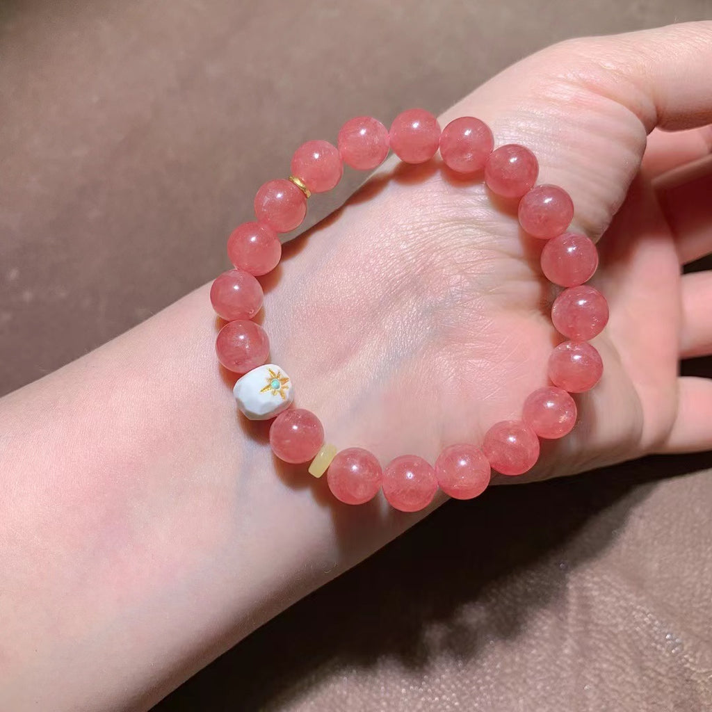 Natural Rhodochrosite Beaded Bracelet with 18K Gold Accents - 9.2mm Gemstone Jewelry for Love, Confidence & Emotional Healing