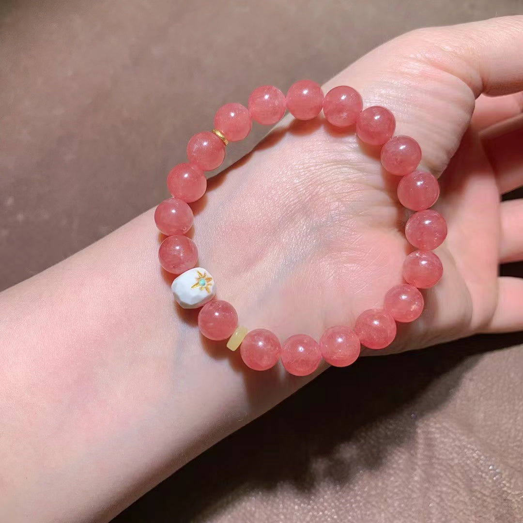 Natural Rhodochrosite Beaded Bracelet with 18K Gold Accents - 9.2mm Gemstone Jewelry for Love, Confidence & Emotional Healing