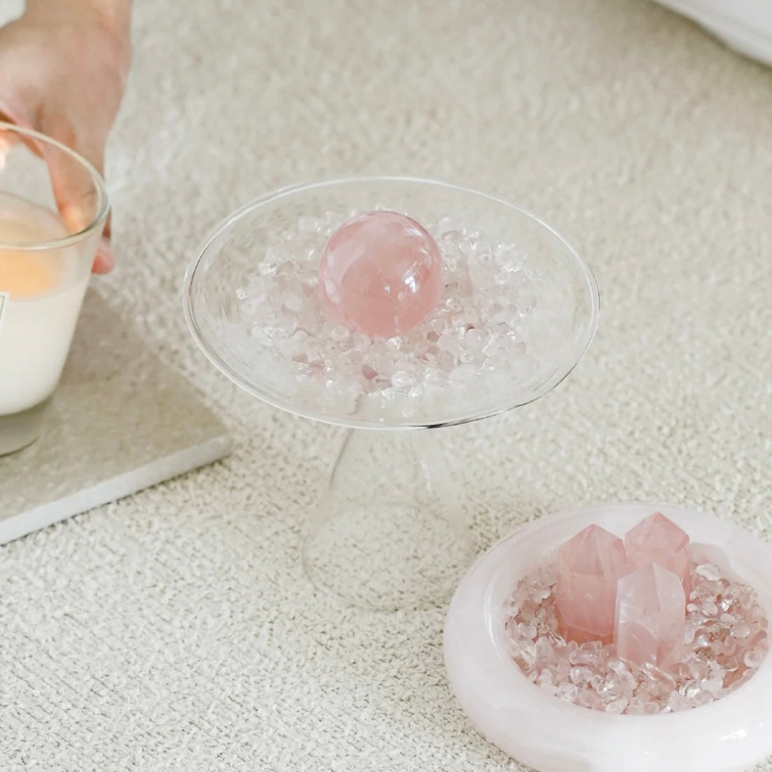The "Vessel of Love" Energy Set | Natural Rose Quartz Sphere & Points in Minimalist Glass Display