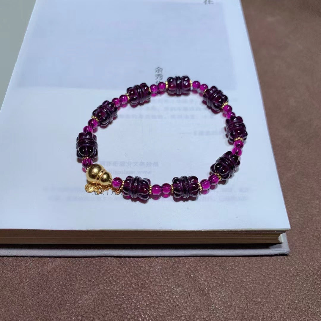 Natural Rhodolite Garnet Beaded Bracelet with Vintage Silver Accents - 8x11mm Gemstone Jewelry for Confidence, Beauty & Energy