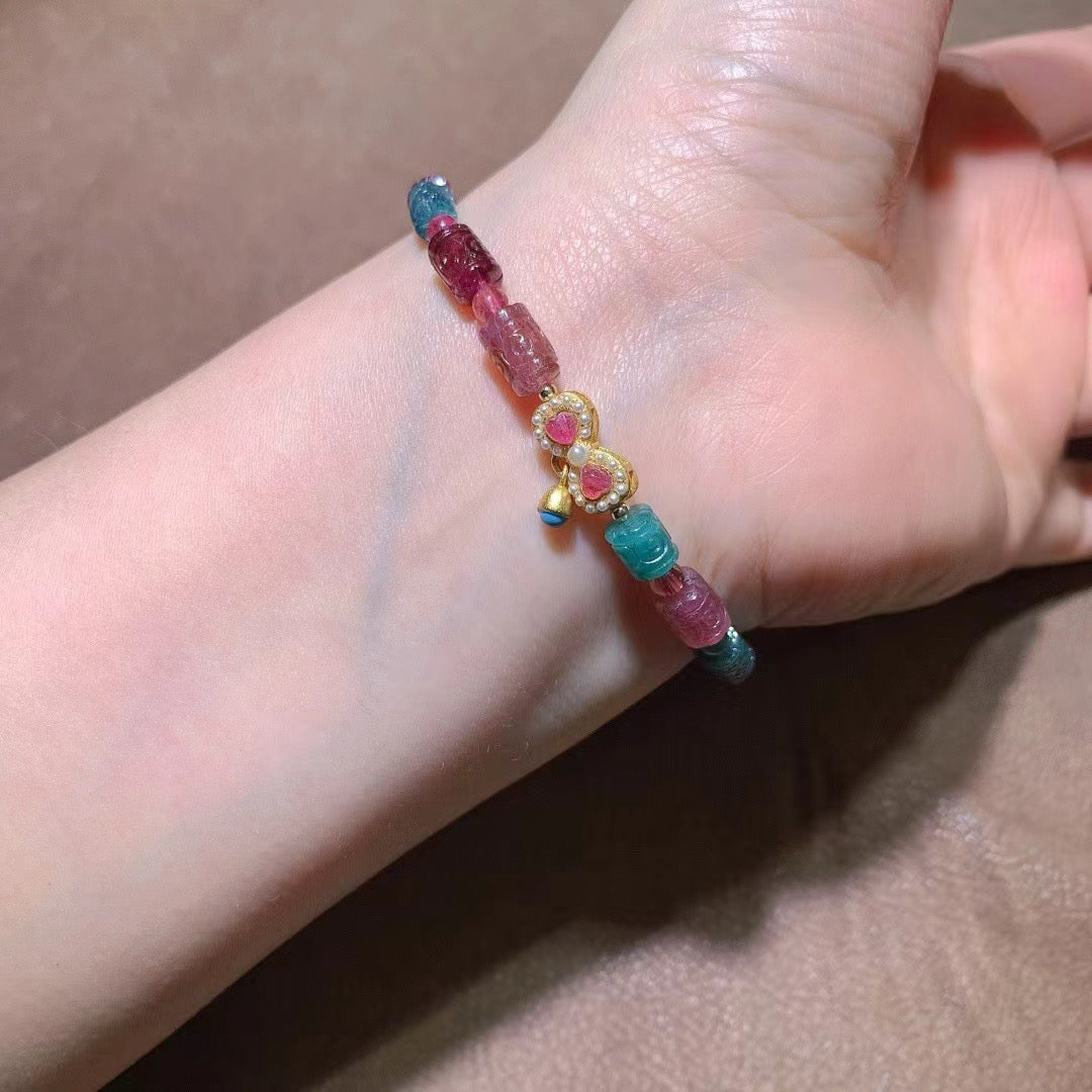 Natural Candy Tourmaline Beaded Bracelet with Vintage Silver Accents - 6x8mm Multi-Color Gemstone Jewelry for Luck, Protection & Joy