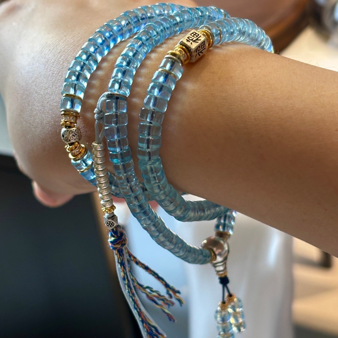 Malas - AAA Grade Natural Aquamarine Flat Round Beads Reiki Spiritual Healing Buddhist Prayer Beads