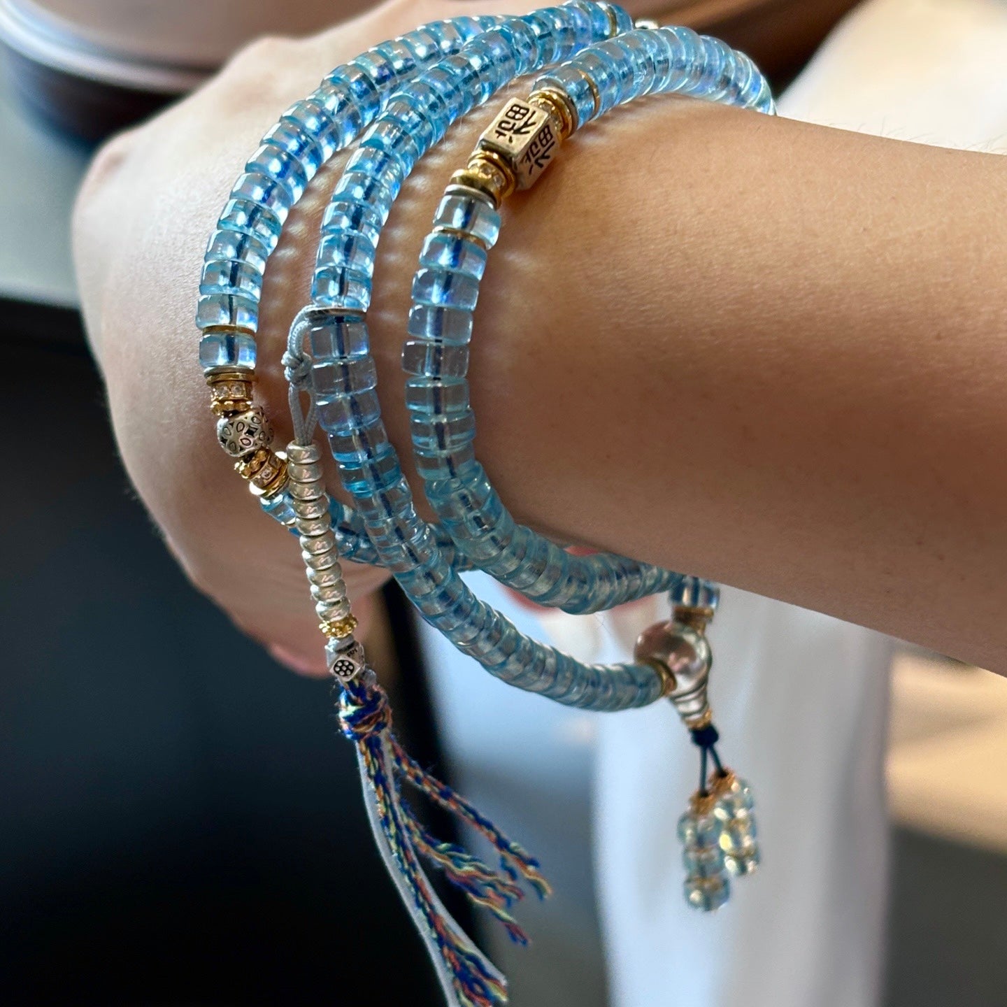 Malas - AAA Grade Natural Aquamarine Flat Round Beads Reiki Spiritual Healing Buddhist Prayer Beads