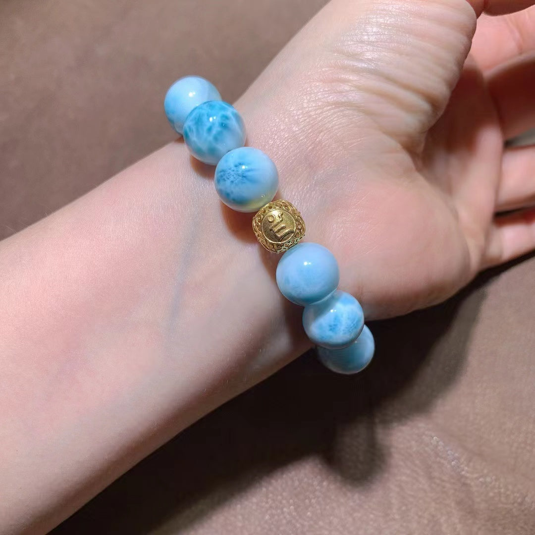 Natural Larimar Beaded Bracelet with 18K Gold Accents - 13mm "Ocean Heart" Gemstone Jewelry for Calm, Communication & Intuition