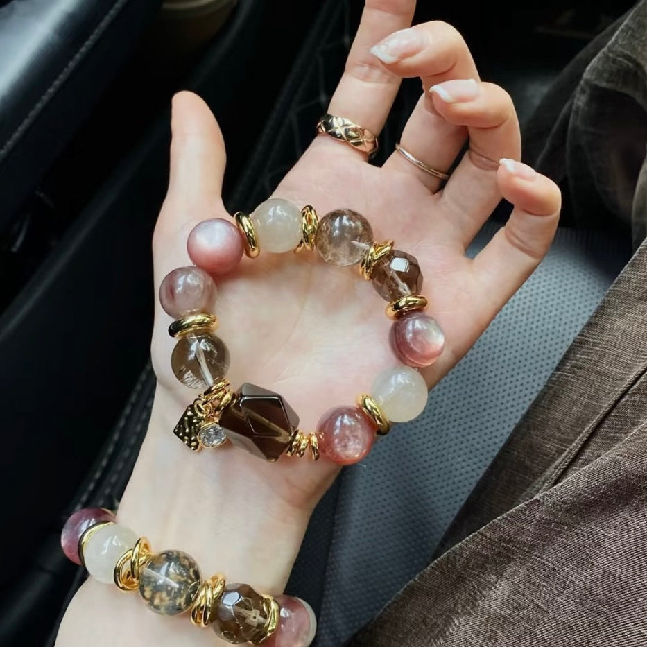 Twilight Realm · Twilight Narrative Series | Pink Lepidolite & Rabbit Hair Quartz Bracelet | Retro Brown 15mm