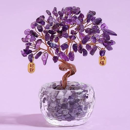 Individual Amethyst Crystal Fortune Tree with deep purple chips, designed for spiritual growth and calming home decor.