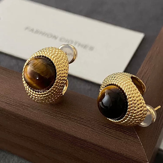 Textured 925 silver gold-plated stud earrings featuring cabochon-cut Golden Tiger's Eye with rich chatoyancy.