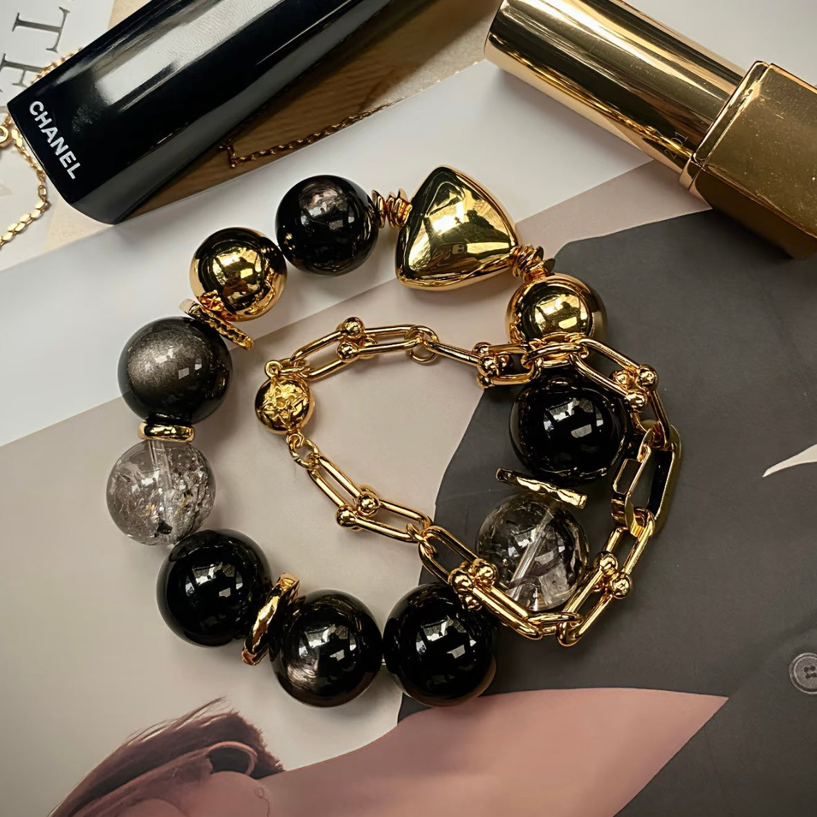 Black agate and obsidian beaded bracelet paired with 24K gold-plated titanium steel chain bracelet, buy one get one free set for women
