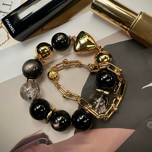 Black agate and obsidian beaded bracelet paired with 24K gold-plated titanium steel chain bracelet, buy one get one free set for women