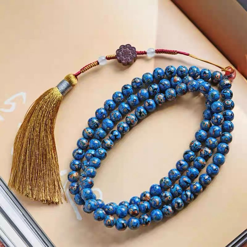 Traditional blue lacquer 108 bead mala bracelet for meditation and mindfulness