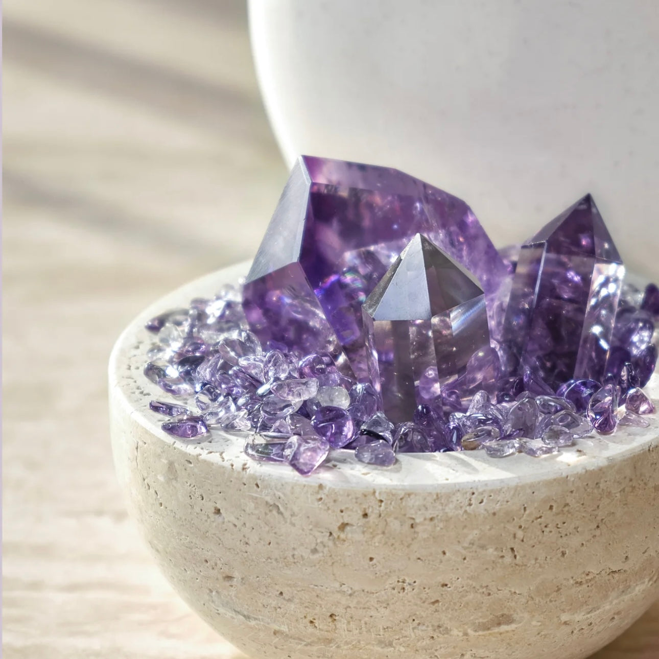 Close-up of the primitive and breathable cave stone vessel that holds crystals and locks energy.