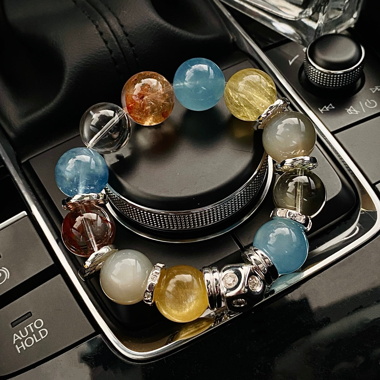 Candy-colored 15mm crystal bracelet featuring aquamarine, citrine, moonstone and flower agate beads with 999 silver-plated titanium clasp