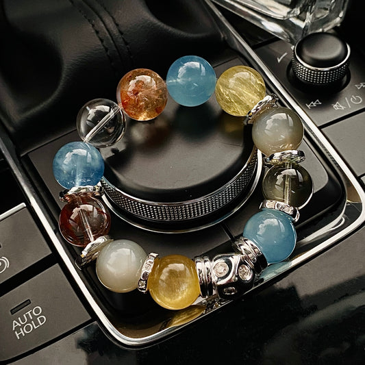 Candy-colored 15mm crystal bracelet featuring aquamarine, citrine, moonstone and flower agate beads with 999 silver-plated titanium clasp