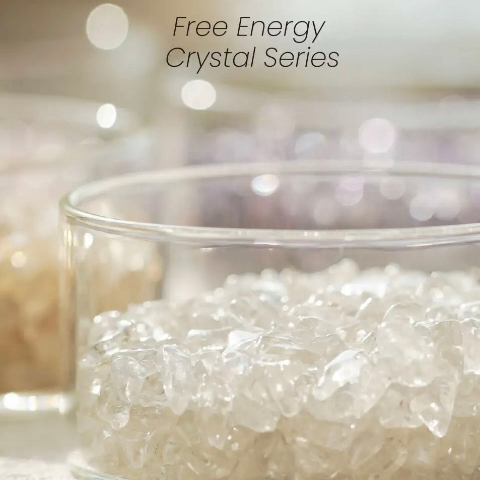 Natural Clear Quartz energy chips in an 85mm glass box, perfect for jewelry cleansing and mental clarity.
