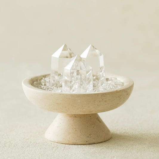Size guide for Clear Quartz Purification Vessel showing 9cm height and 10cm width.