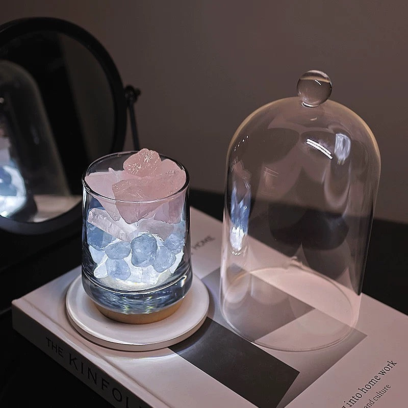 Full set includes 400g crystals, 10ml oil, glass container, light, and power cord.