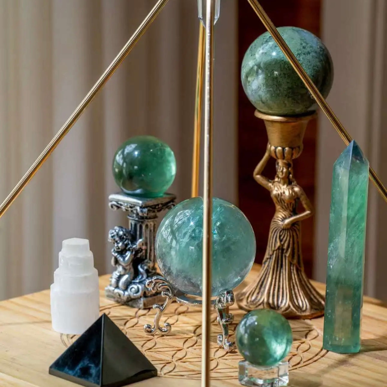 Left-side perspective of the healing crystal grid following ancient energy principles for space purification.