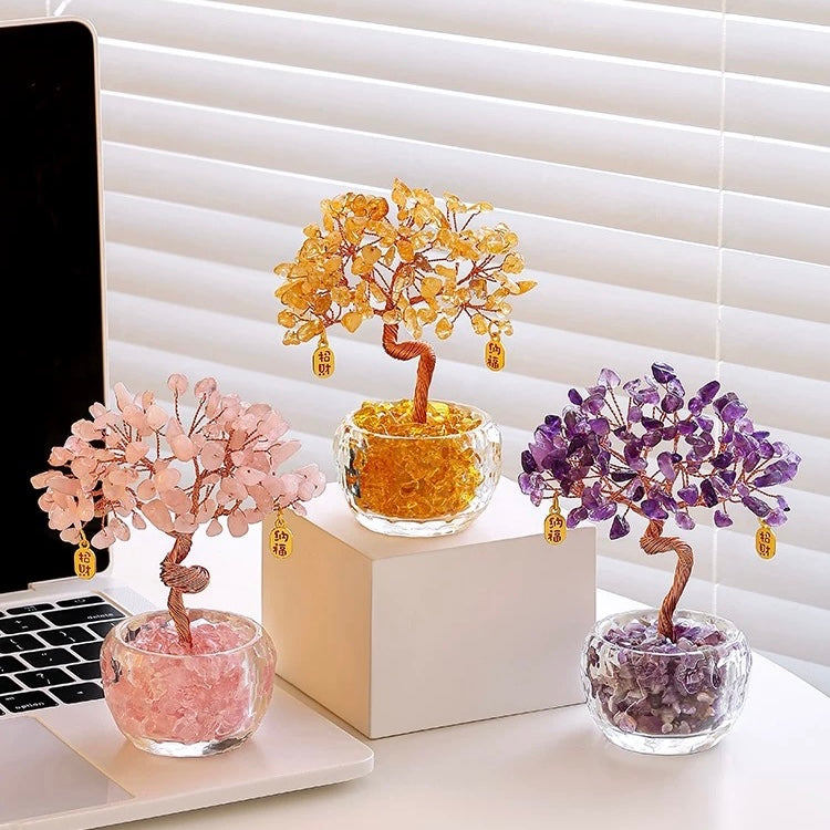 Collection of 3 Crystal Fortune Trees in Amethyst, Rose Quartz, and Citrine, styled as healing home decor.