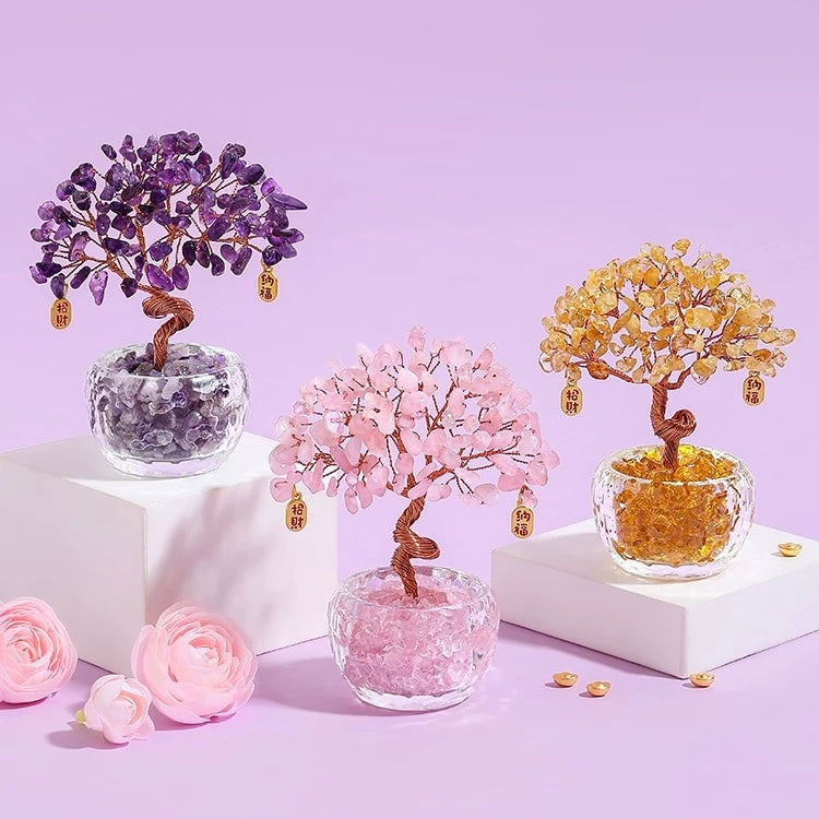 A trio of Crystal Fortune Trees featuring Amethyst, Citrine, and Rose Quartz, showcasing the full healing gemstone collection.