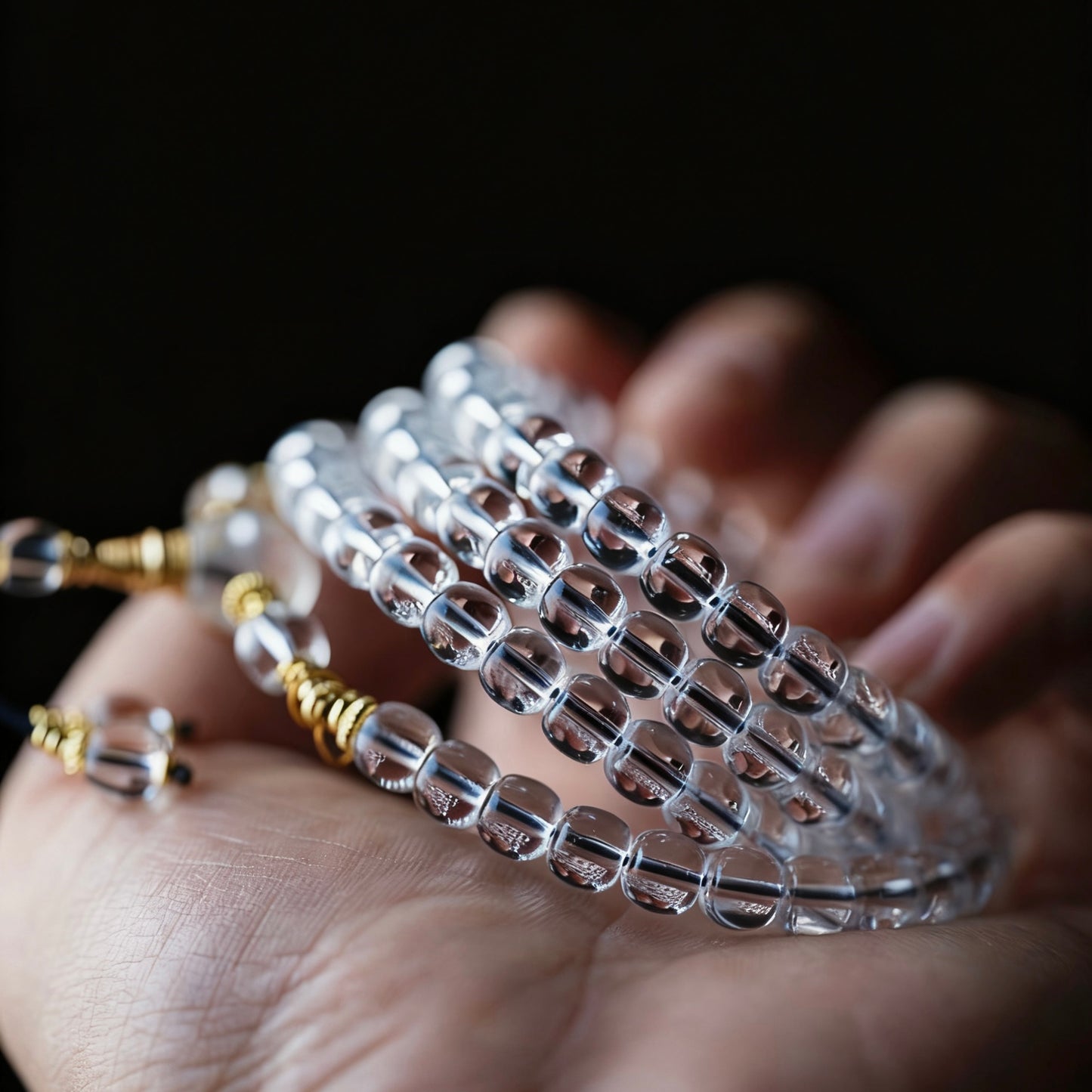 Single hand holding the crystal strand, showing the elegant hang of the tassel and gold hardware.